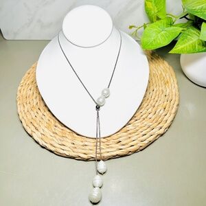 Chico's Adjustable Lariat Silvertone Chain Necklace with Faux Freshwater Pearls